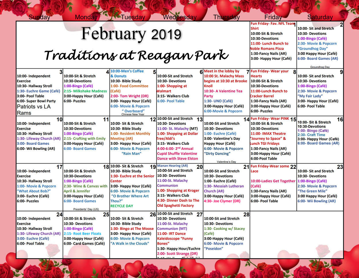 February Calendar & Activities Assisted Living Traditions at Reagan Park