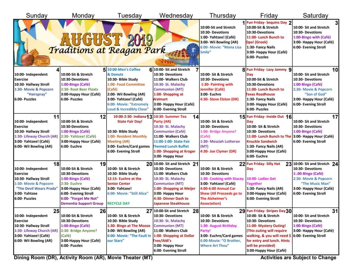 August Calendar Activities Assisted Living Traditions At Reagan Park