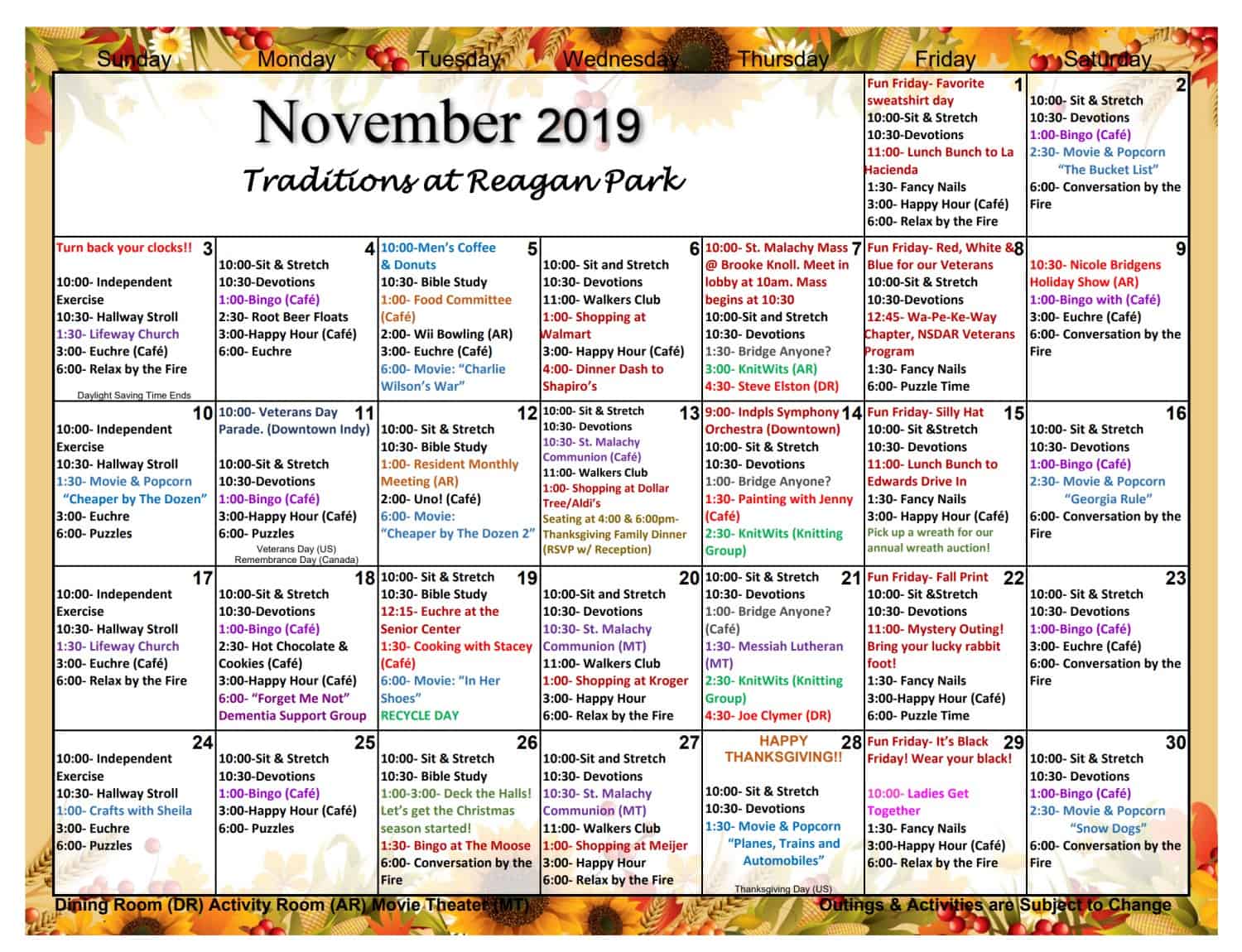 November Assisted Living Calendar