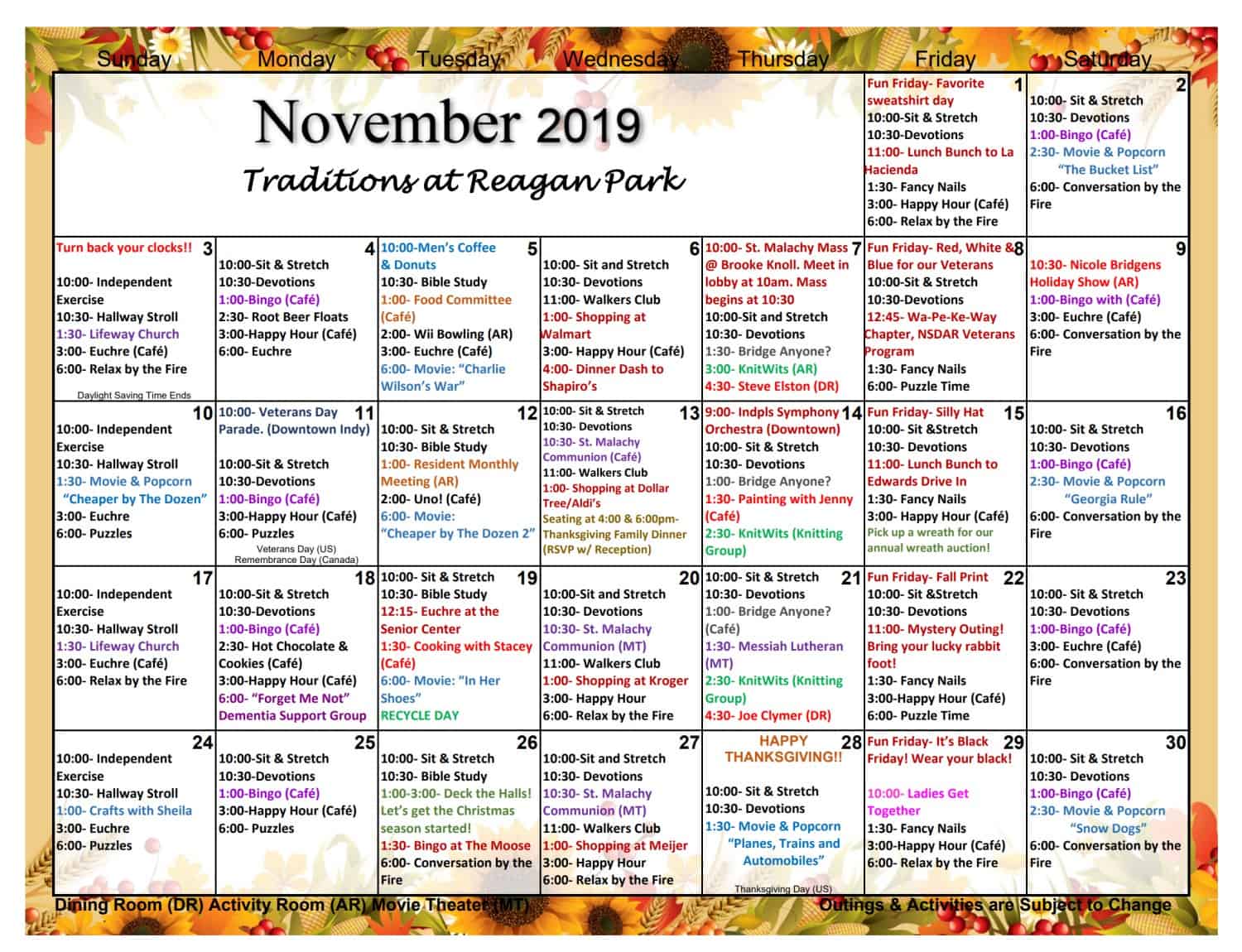 November 2019 Calendar Assisted Living Traditions At Reagan Park