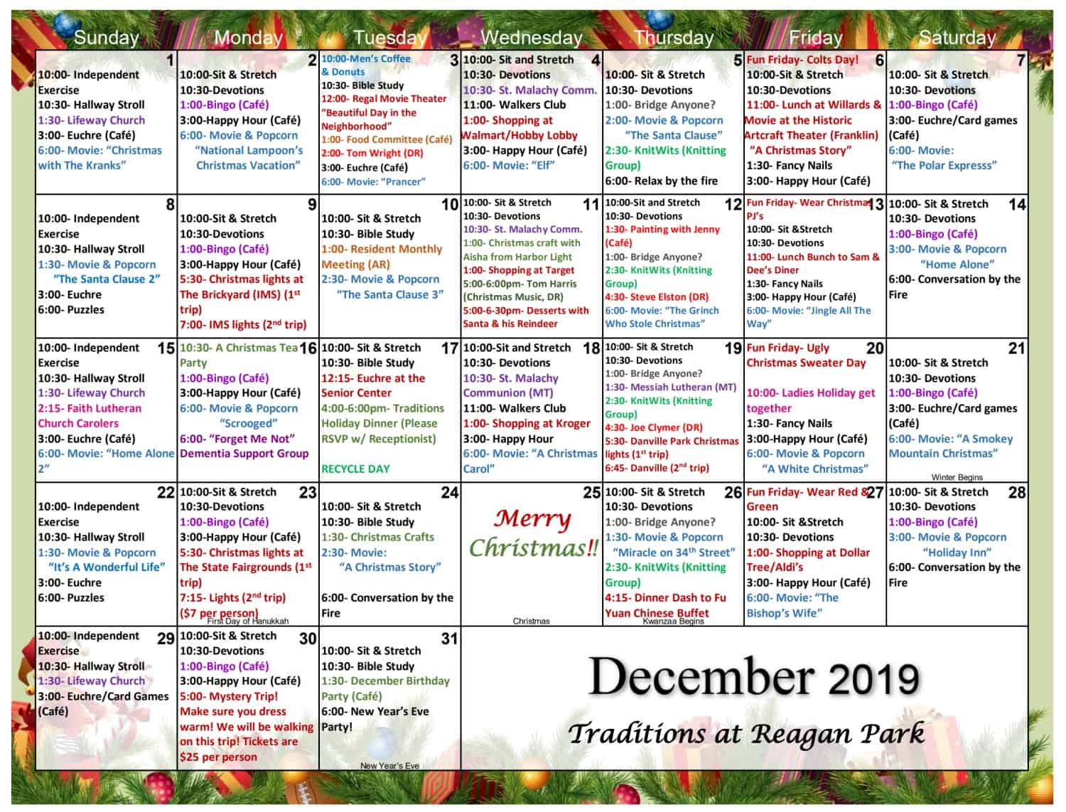 December Assisted Living Calendar