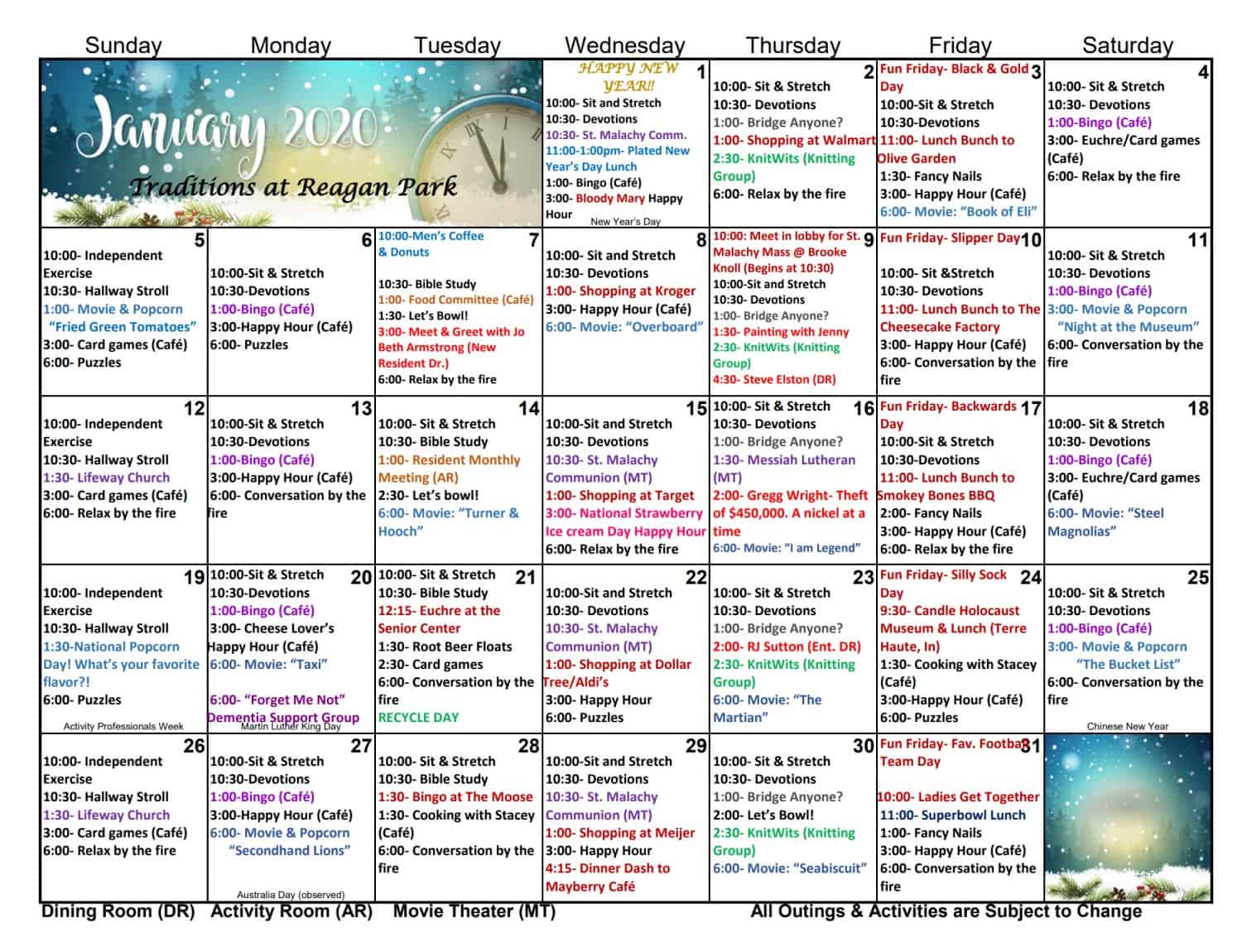 January Assisted Living Calendar