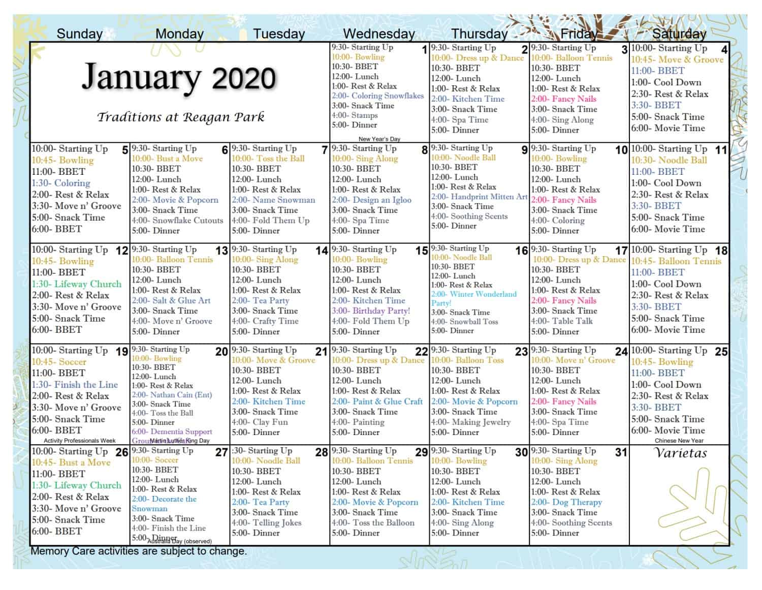 January Memory Care Calendar